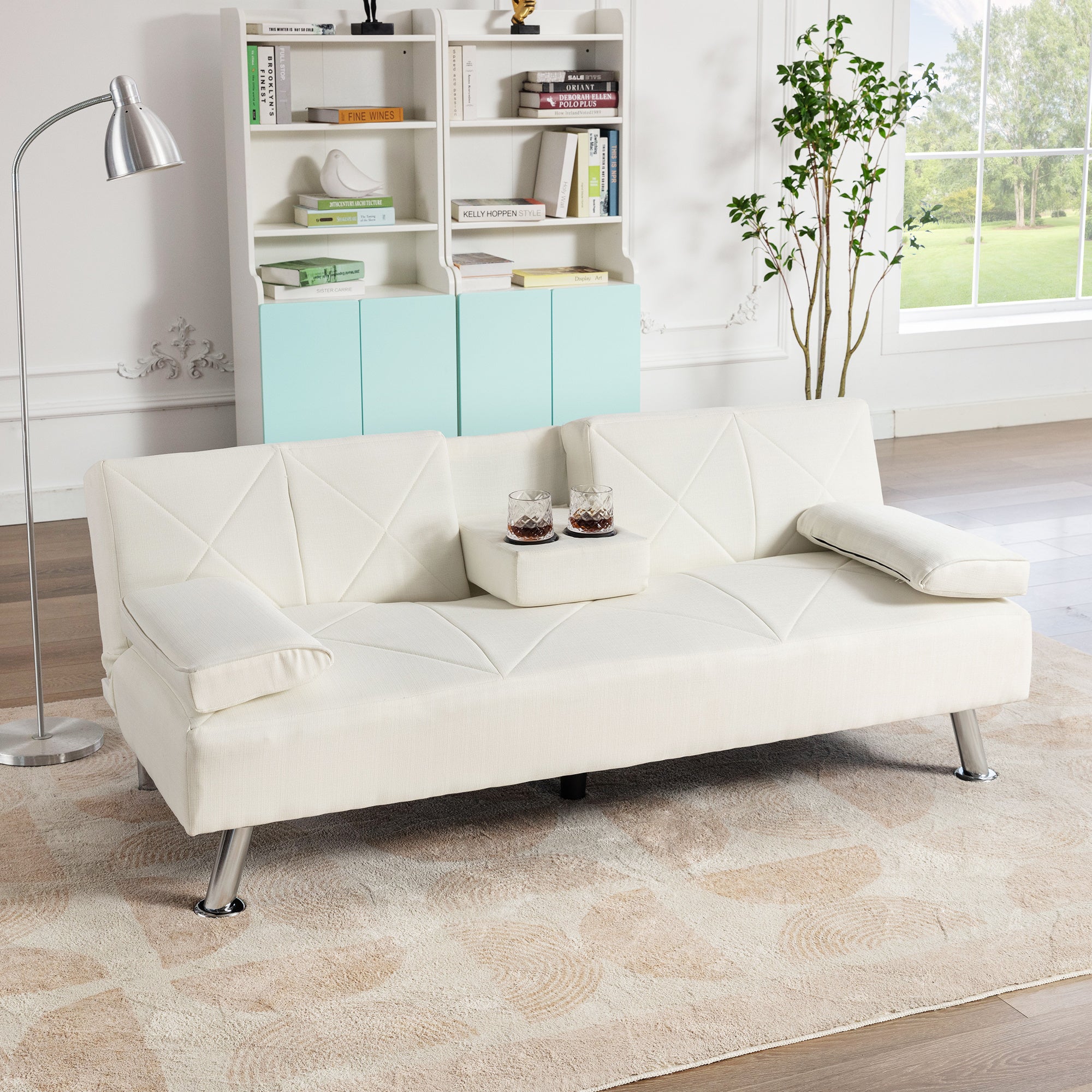 Modern Convertible Folding Futon Sofa Bed with Removable Armrests, Breathable Linen Sofa with 2 Cup Holders for Living Room