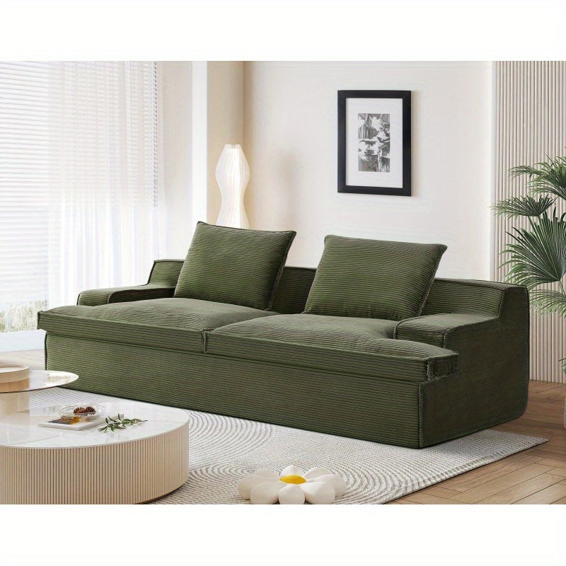 Vintage Style 4-Seater Oversized Full Foam Couch with Soft Green Corduroy Fabric, Wide Armrests & Ergonomic Compred Design - No Assembly Required, 90 Inch Wide for Living Room, Vintage Couch