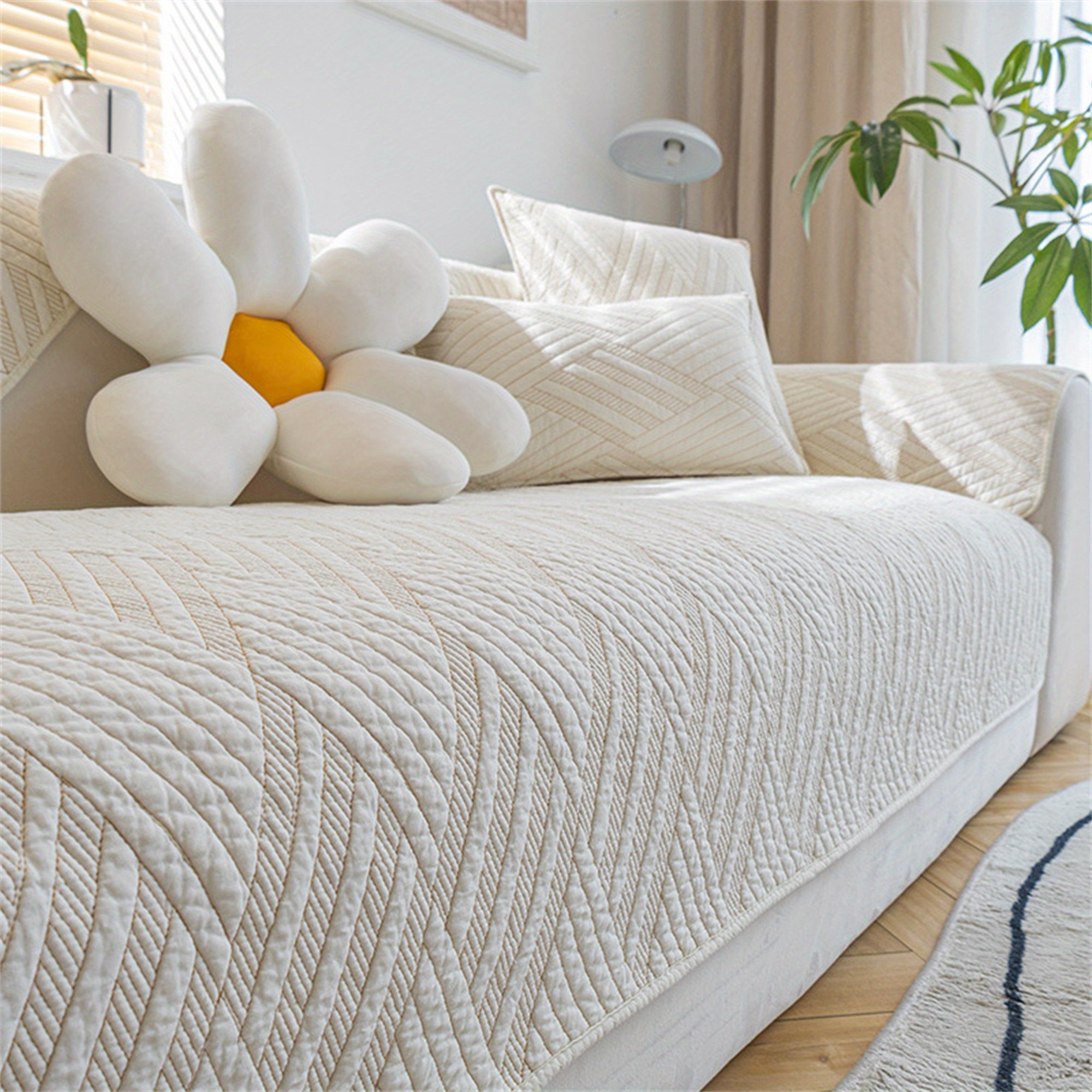 Home Refresh Elegant Beige Cotton Sofa Slipcover with Geometric Pattern - Non-Slip, Washable Couch Cover for 1\u002F2-Seater Sofas, Ideal for Pets & Youngsters, Contemporary Decor Furniture Protector, Couch Covers for Sofa
