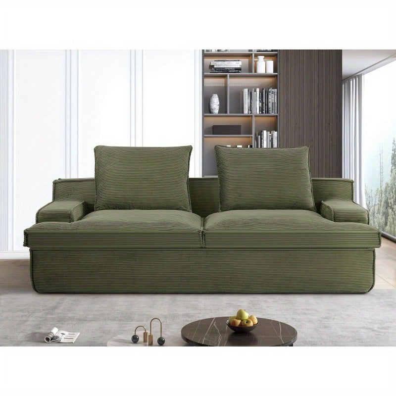 Vintage Style 4-Seater Oversized Full Foam Couch with Soft Green Corduroy Fabric, Wide Armrests & Ergonomic Compred Design - No Assembly Required, 90 Inch Wide for Living Room, Vintage Couch