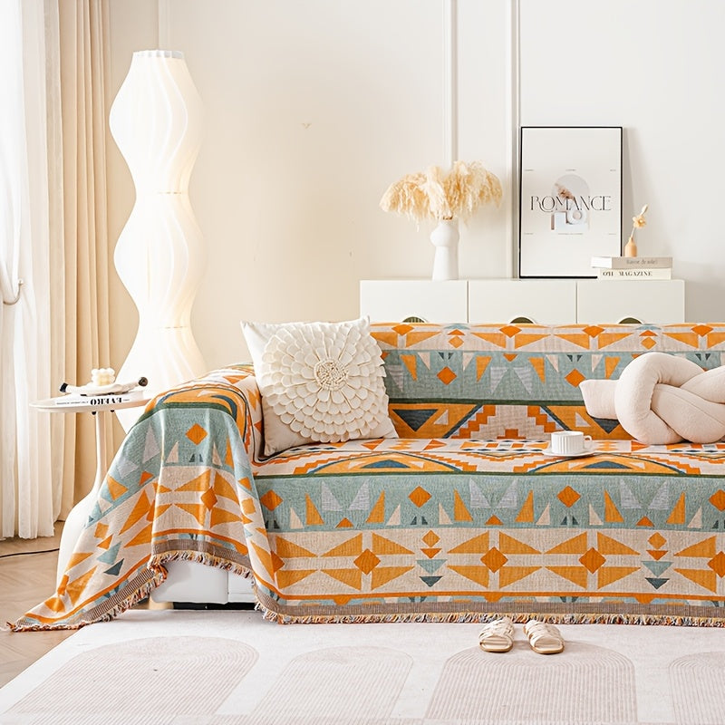1pc Bohemian Sofa Cover with Tassels - Vibrant Geometric Pattern, Machine Washable, Pet-Friendly Couch Protector Blanket for Single\u002FDouble\u002FTriple\u002FQuadruple Sofas, Home Decor Essential