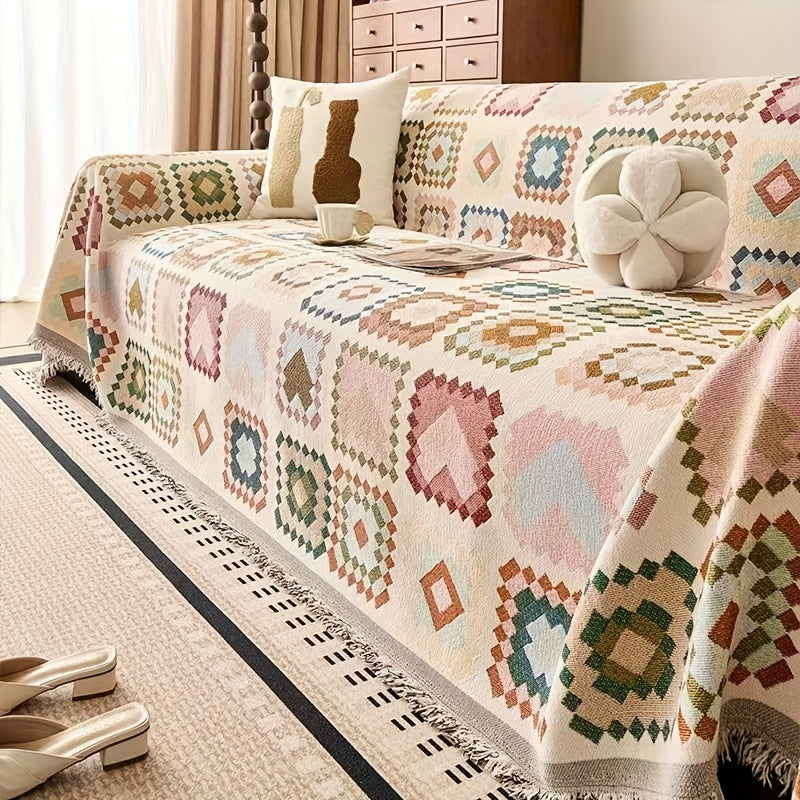Bohemian Style Sofa Cover, Cotton Material Suitable for 1\u002F2\u002F3\u002F4-Seater Non-Slip Couch Protector, Soft & Comfortable, Easy Care, Pet-Friendly Multi-Functional