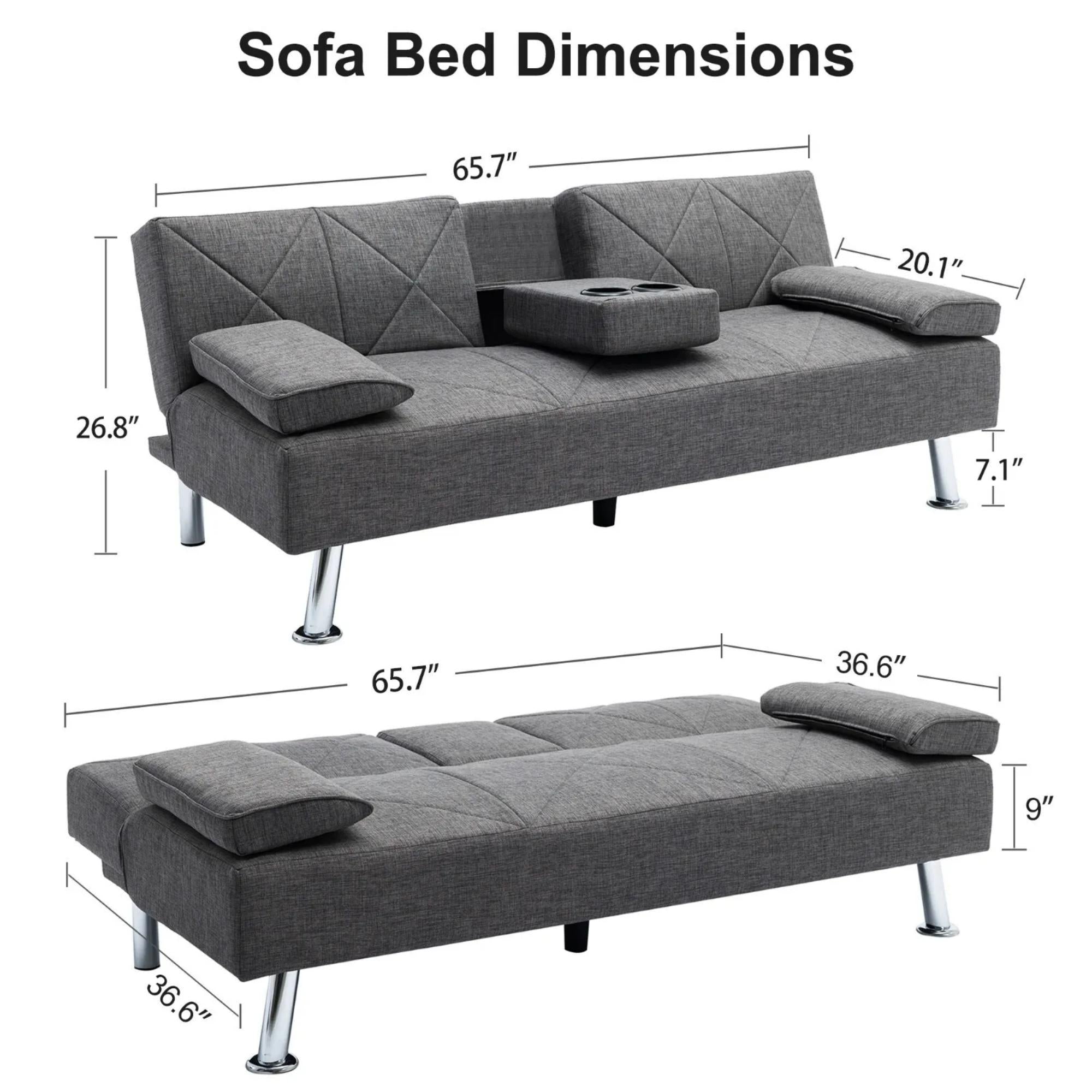 Modern Convertible Folding Futon Sofa Bed with Removable Armrests, Breathable Linen Sofa with 2 Cup Holders for Living Room