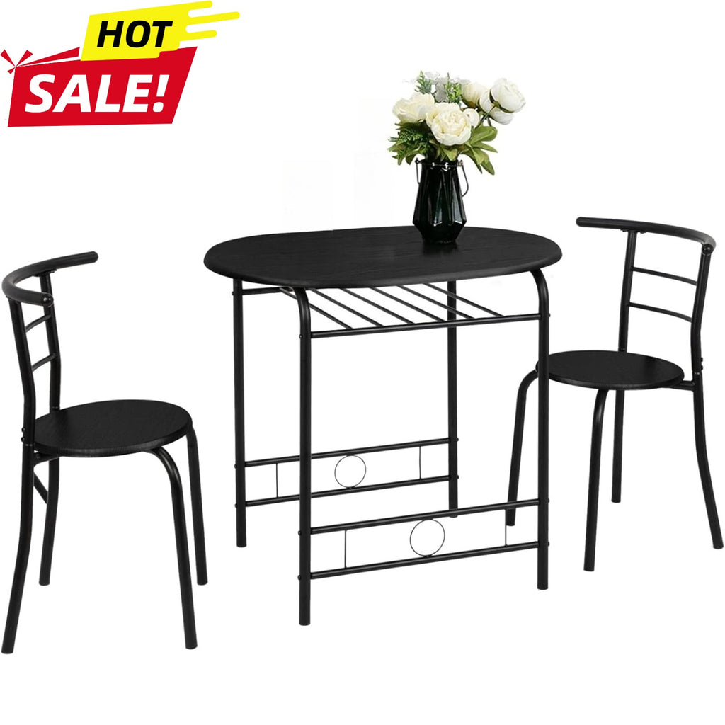 Bonnlo Minimalist 3-Piece Iron Dining Set for 2, Wooden Table and 2 Chairs Ideal for Small Kitchen, Dining Room, Apartment, Balcony & Coffee Nook, Breakfast & Negotiation Table with Storage Shelf, Metal Frame