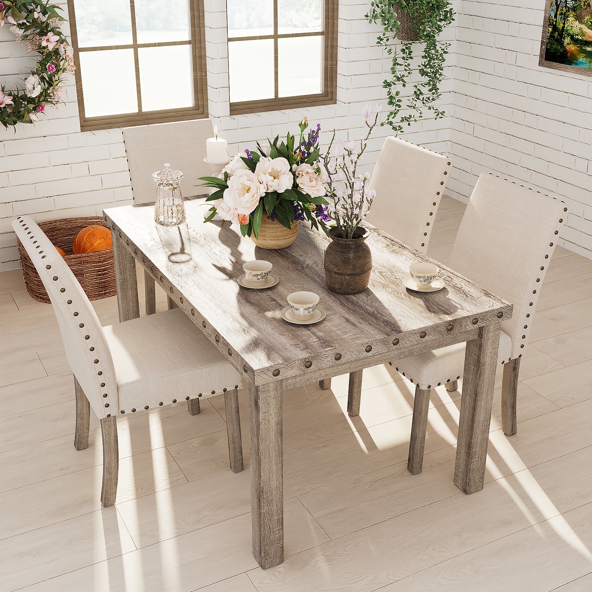 1 Set Morden Fort Farmhouse Dining Table and 4 Upholstered Chairs - Rustic Vintage Hardwood Kitchen Table Set for Family Meals, Memory Foam Cushioned Seating, No Electricity Needed
