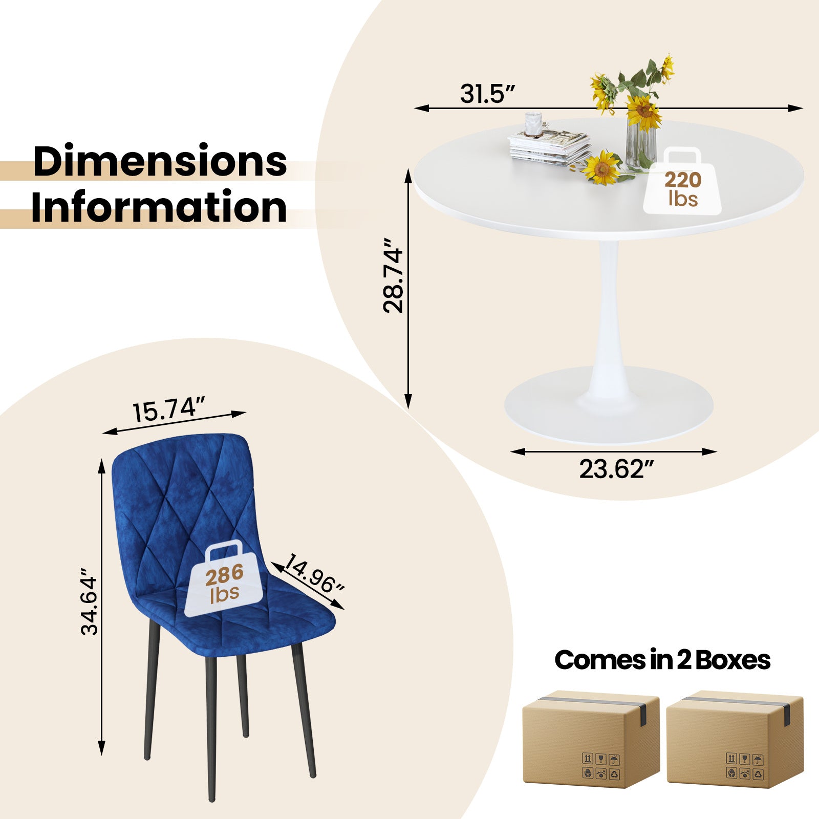 Round Dining Table Set for 4, 39 Inch Circle Dining Room Table with 4 Upholstered Chairs for 4 People, Mid Century Modern Round Kitchen Table and Chairs Set of 4 for Home Kitchen Dining Room Leisure Area (Brown Table + 4 Chairs)