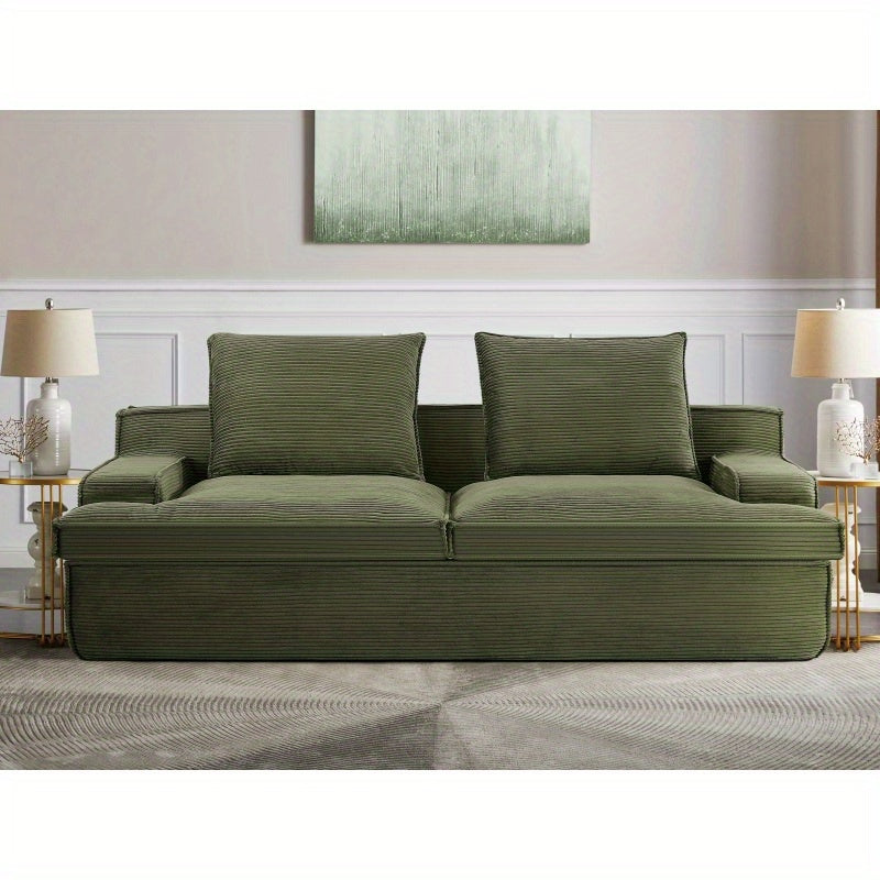Vintage Green Corduroy Couch with Soft Foam Cushion, 4-Seater Ergonomic Design, Wide Armrests & Oversized 90\