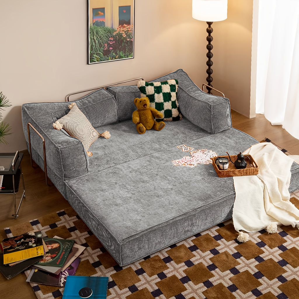 Collapsible Three-Seater Fabric Sofa Bed with Square Armrests, Modular Compressed Living Room Sofa Set, Retro Plush Chenille Casual Chair Sofa, Lazy Sofa, Bedroom Mattress Sleeping Couch, Light Gray, Caramel, Beige