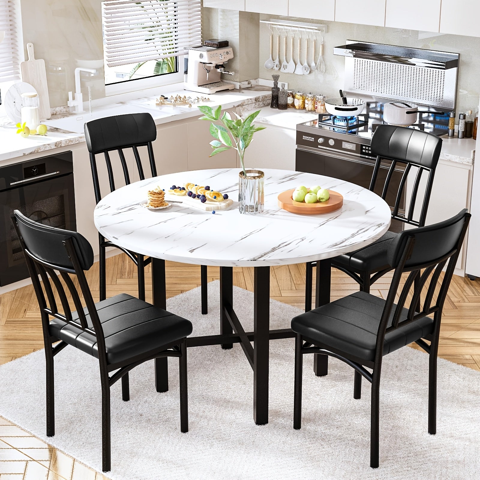 LAMERGE 5pcs Round Dining Table Set, Artificial Imitation Marble Pattern Round Dining Table With 4 Chairs, Metal Frame Structure, Modern Kitchen Table And Chair Set For 4 People, Round Dining Table And Chair Set For Small Space Home Furniture
