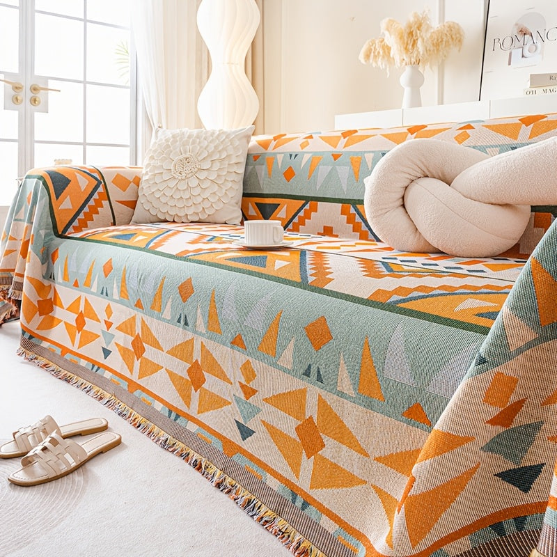 1pc Bohemian Sofa Cover with Tassels - Vibrant Geometric Pattern, Machine Washable, Pet-Friendly Couch Protector Blanket for Single\u002FDouble\u002FTriple\u002FQuadruple Sofas, Home Decor Essential