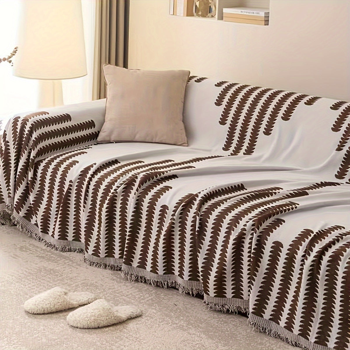 Bohemian Style Thick Striped Fringe Chenille Sofa Towel, Washable Pet Anti Cat Scratch Sofa Protective Cover, Soft And Comfortable, Suitable For Use All Year Round Sofa Blanket
