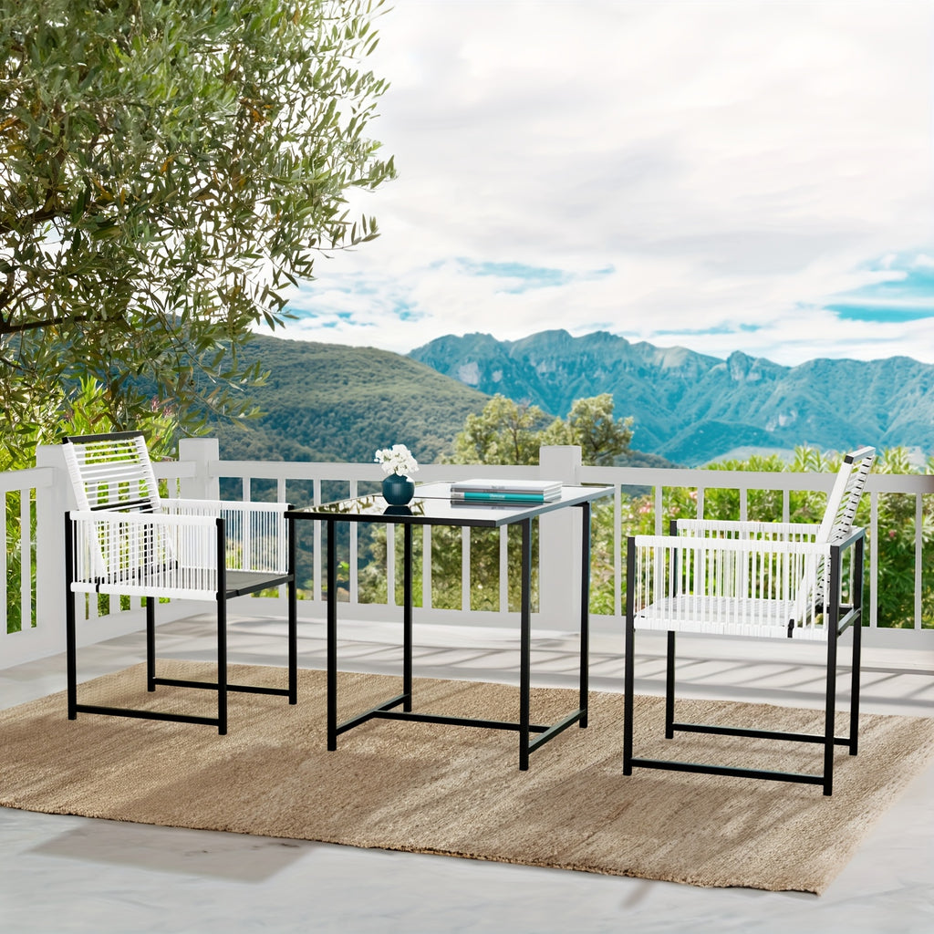 3pcs Rattan Patio Dining Set with Rectangle Table 3 -Piece Black Rattan Patio Dining Set Steel Rectangle Table with 2 Stationary Chairs