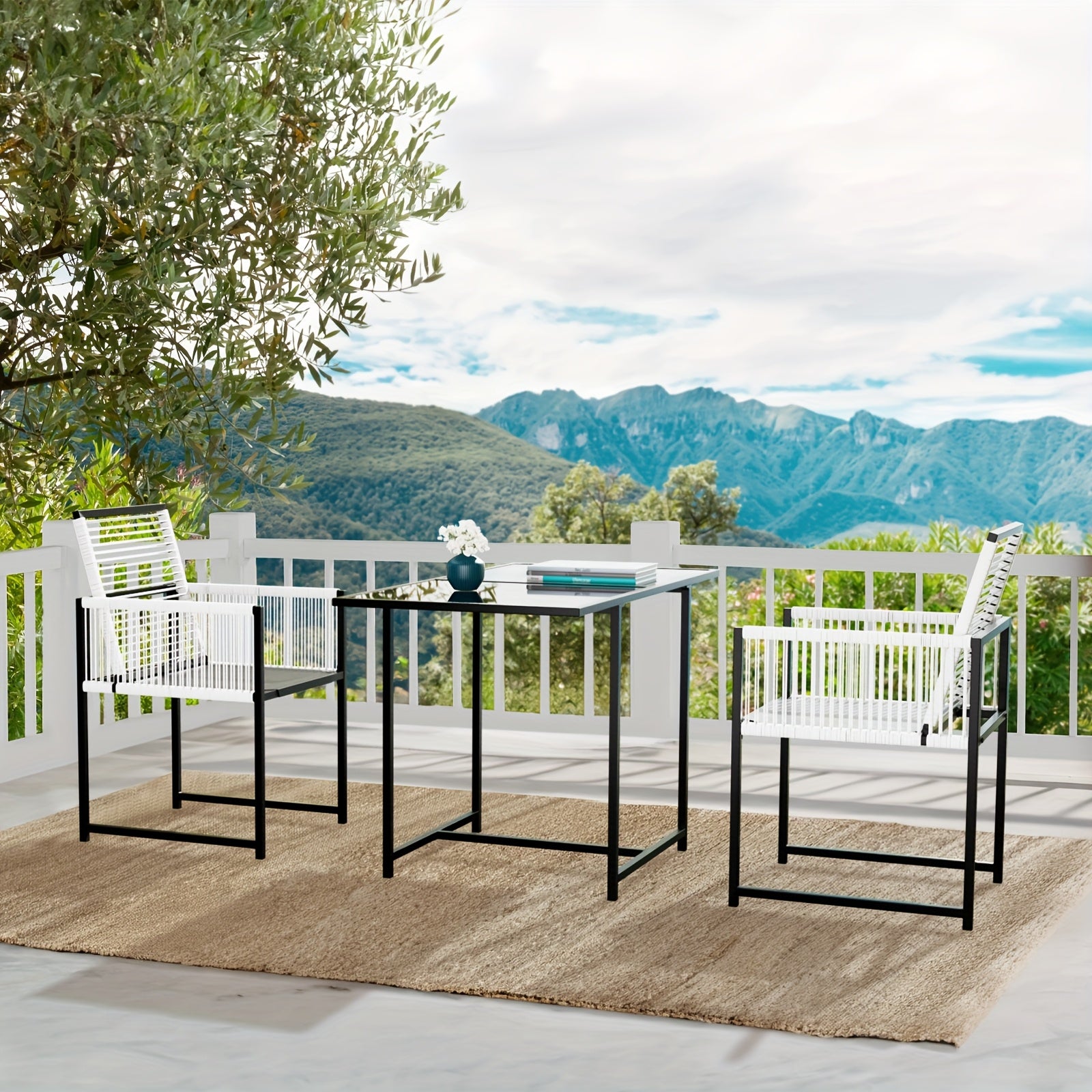 3pcs Rattan Patio Dining Set with Rectangle Table 3 -Piece Black Rattan Patio Dining Set Steel Rectangle Table with 2 Stationary Chairs