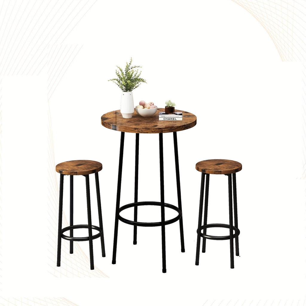 Dining Room Table Set, Round Kitchen Table Set with Steel Frame Table, 3pcs Dining Table Set, Breakfast Table for 2, Small Space, Farmhouse, Kitchen, Cafe, Dining, Rustic Brown