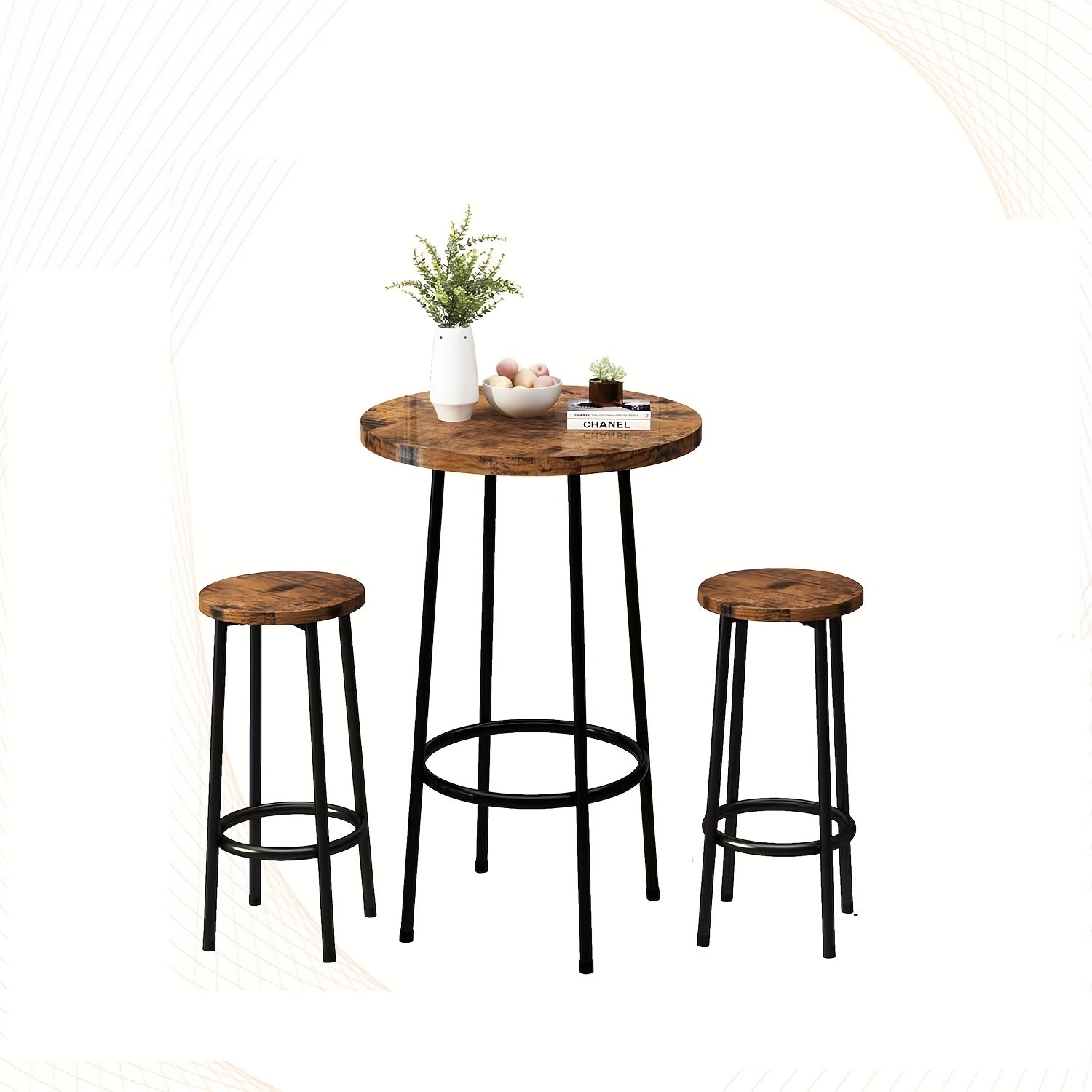 Dining Room Table Set, Round Kitchen Table Set with Steel Frame Table, 3pcs Dining Table Set, Breakfast Table for 2, Small Space, Farmhouse, Kitchen, Cafe, Dining, Rustic Brown