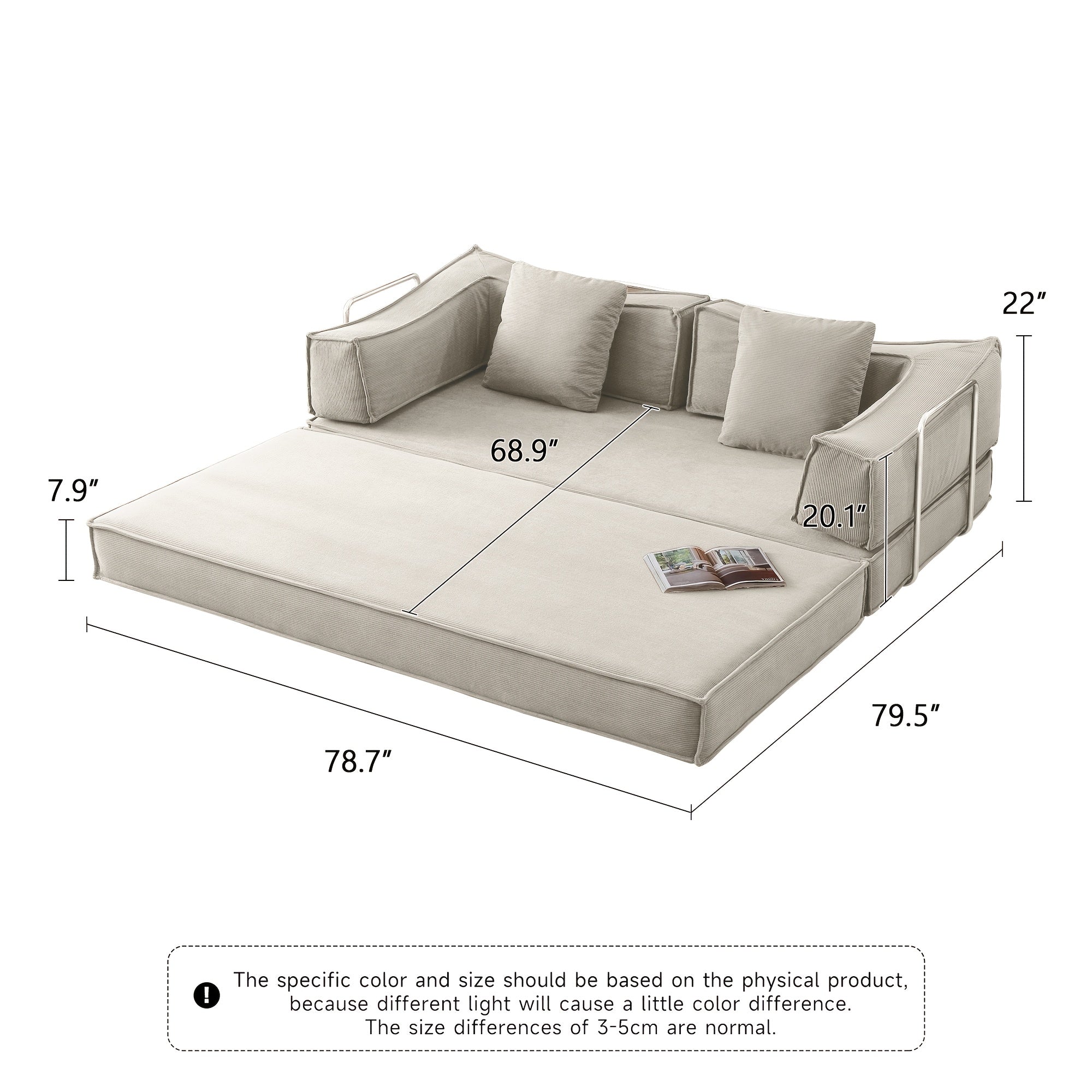 Collapsible Three-Seater Fabric Sofa Bed with Square Armrests, Modular Compressed Living Room Sofa Set, Retro Plush Chenille Casual Chair Sofa, Lazy Sofa, Bedroom Mattress Sleeping Couch, Light Gray, Caramel, Beige