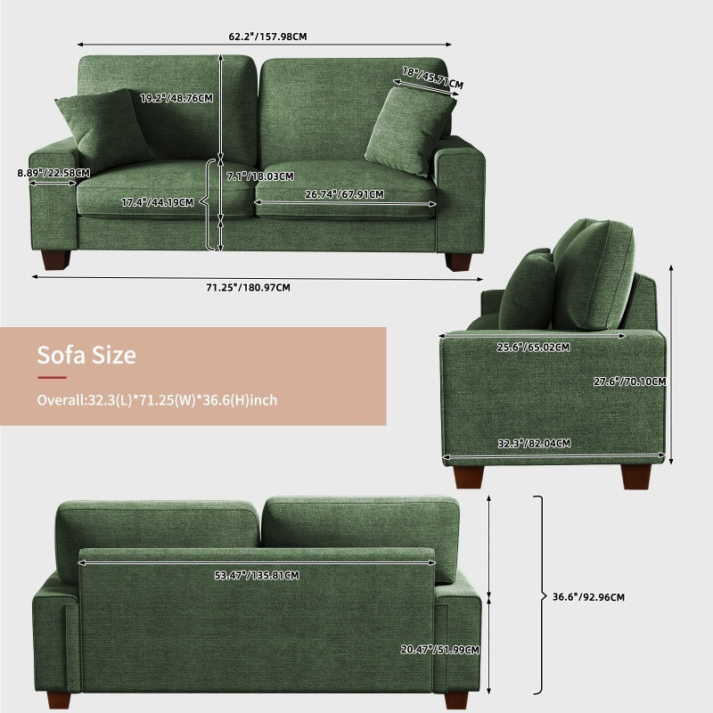 Modern Nordic Sofa - Heavy-Duty 750lb Capacity, Solid Wood Frame & Spring Cushions, Easy-Clean Chenille Fabric, No-Tools Assembly, Space-Saving Design for Living Room, Apartment, Office - Green, Comfy Couch