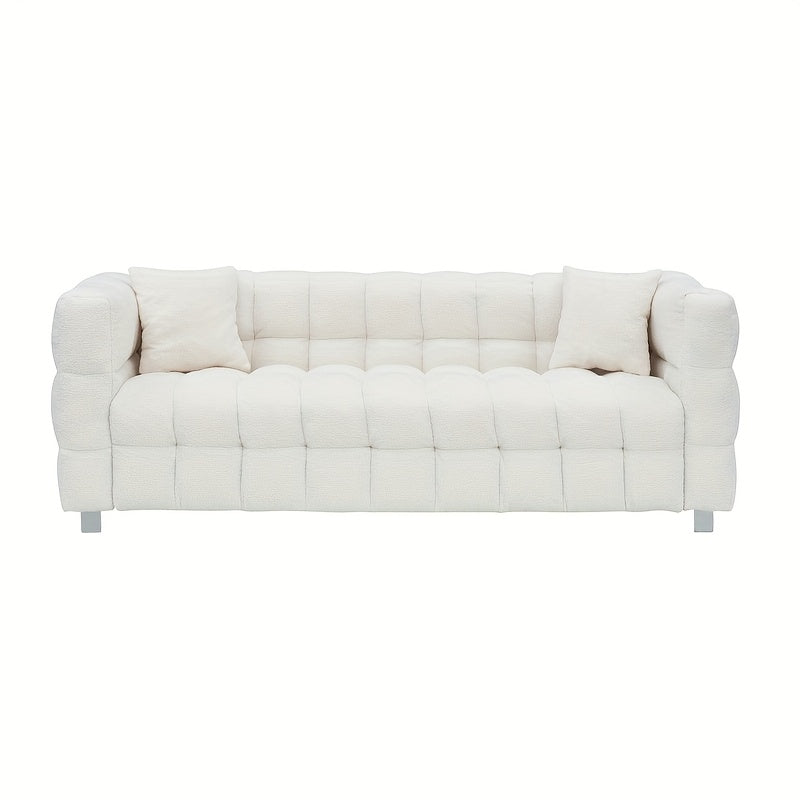 Modern White Plush Teddy Sofa - 80 Inches, Minimalist Design with Two Throw Pillows & Heavy-Duty Hardware Support, Perfect for Living Room or Bedroom, Available in 5 Colors, Comfy Couch