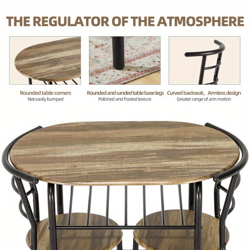 3pcs Dining Table Set, Small Dining Table for 2 with Chairs, Round Table and Chairs, Kitchenette for Small Spaces with Built-in Wine Rack, Space-Saving Design, Drift Brown