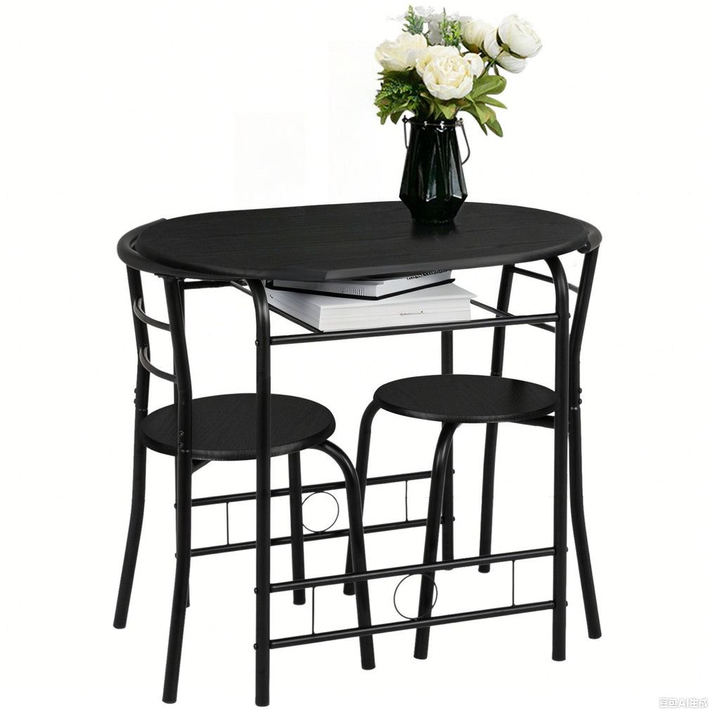 Bonnlo Minimalist 3-Piece Iron Dining Set for 2, Wooden Table and 2 Chairs Ideal for Small Kitchen, Dining Room, Apartment, Balcony & Coffee Nook, Breakfast & Negotiation Table with Storage Shelf, Metal Frame