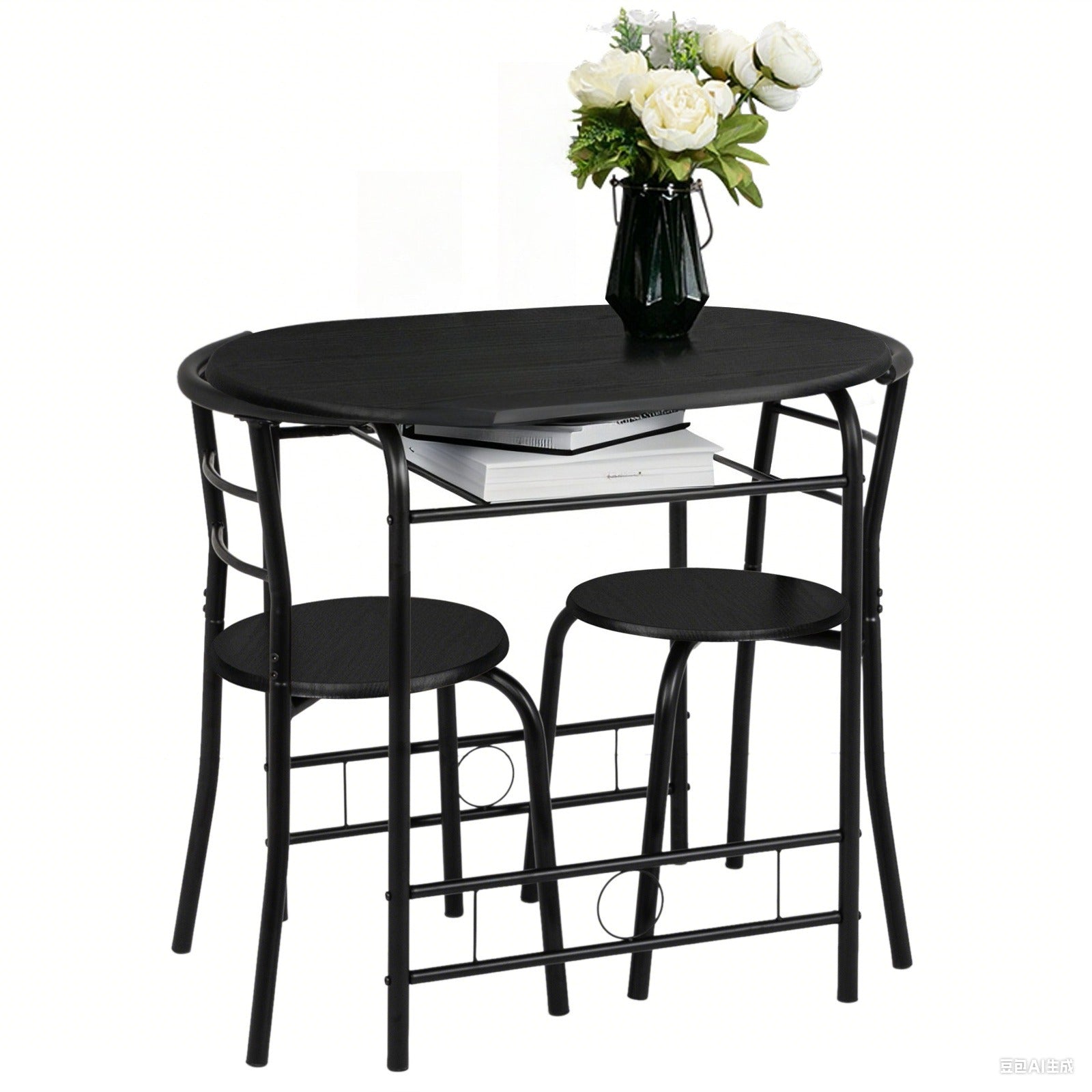 Bonnlo Minimalist 3-Piece Iron Dining Set for 2, Wooden Table and 2 Chairs Ideal for Small Kitchen, Dining Room, Apartment, Balcony & Coffee Nook, Breakfast & Negotiation Table with Storage Shelf, Metal Frame