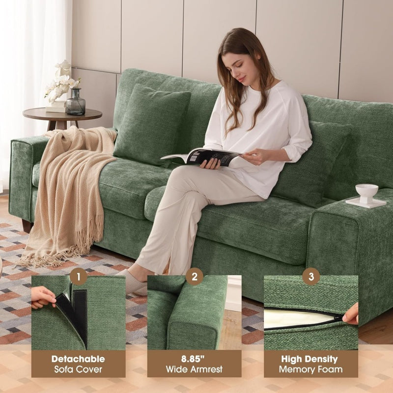Modern Nordic Sofa - Heavy-Duty 750lb Capacity, Solid Wood Frame & Spring Cushions, Easy-Clean Chenille Fabric, No-Tools Assembly, Space-Saving Design for Living Room, Apartment, Office - Green, Comfy Couch