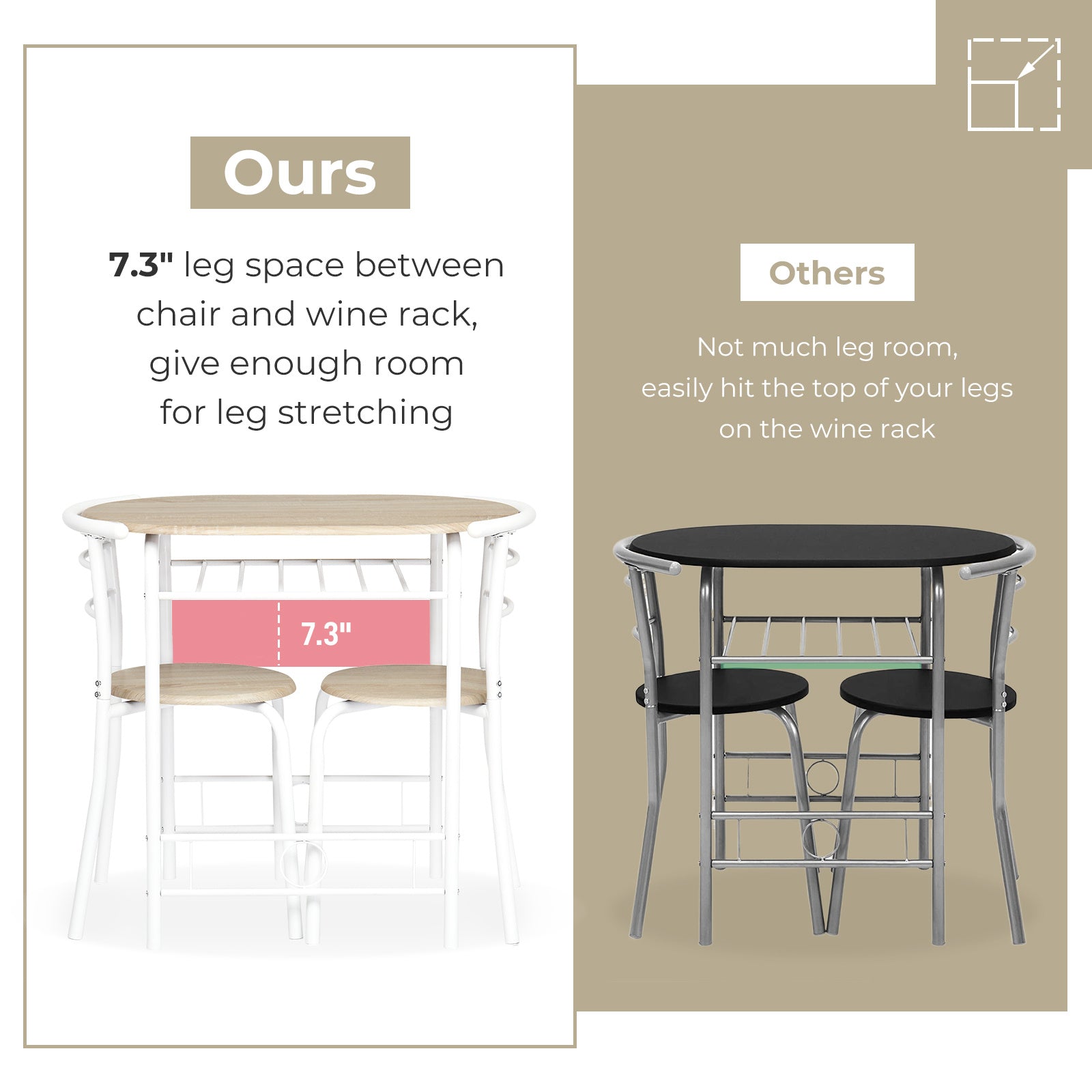 VINGLI 3 Piece Bistro Dining Set, Kitchen Compact Table Breakfast Table, Space-Saving Design Kitchen Wooden Table and 2 Chairs for Small Space\u002FDining Room\u002FApartment,Metal Frame,Wine Rack