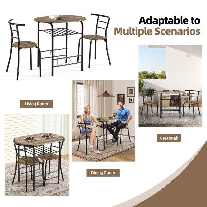 3pcs Dining Table Set for 2, Kitchen Table and Chair Set with Tabletop & PVC Veneer, Compact Dining Table Set with Metal Frame and Built-in Rack, Space-Saving Design for Small Kitchens, Apartments, Breakfast Nook, Drift Brown