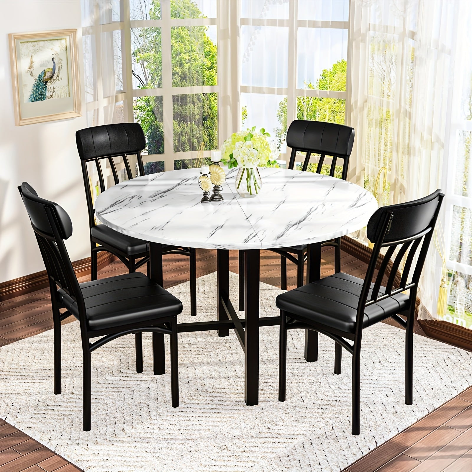 LAMERGE 5pcs Round Dining Table Set, Artificial Imitation Marble Pattern Round Dining Table With 4 Chairs, Metal Frame Structure, Modern Kitchen Table And Chair Set For 4 People, Round Dining Table And Chair Set For Small Space Home Furniture