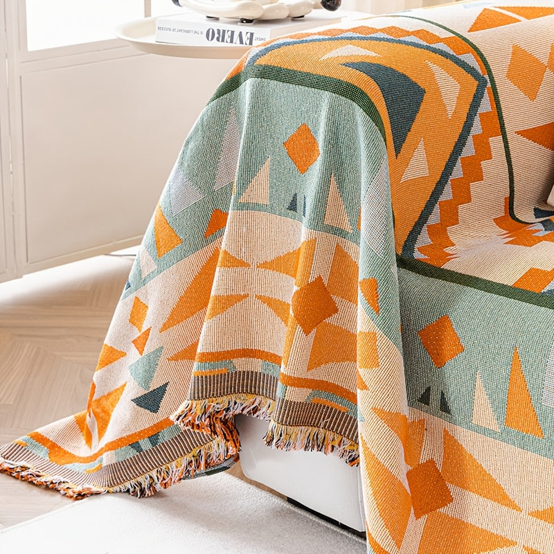 1pc Bohemian Sofa Cover with Tassels - Vibrant Geometric Pattern, Machine Washable, Pet-Friendly Couch Protector Blanket for Single\u002FDouble\u002FTriple\u002FQuadruple Sofas, Home Decor Essential