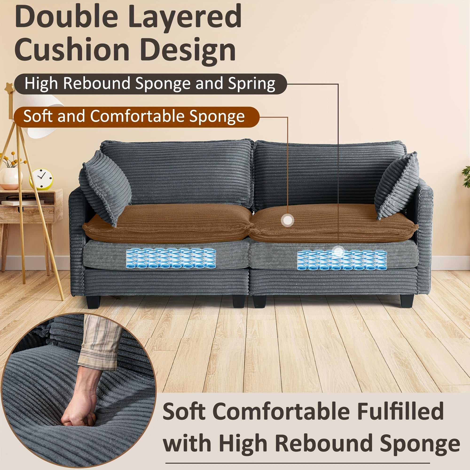 Modular Sectional Sofa, Comfy Cloud Couch Sectional Sofa, Corduroy Sofa Sleeper Deep Seat Sofa With Throw Pillows For Living Room