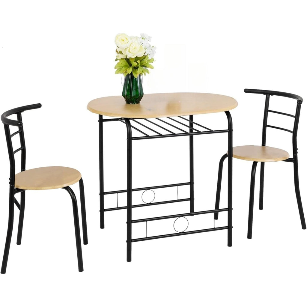 Bonnlo Minimalist 3-Piece Iron Dining Set for 2, Wooden Table and 2 Chairs Ideal for Small Kitchen, Dining Room, Apartment, Balcony & Coffee Nook, Breakfast & Negotiation Table with Storage Shelf, Metal Frame
