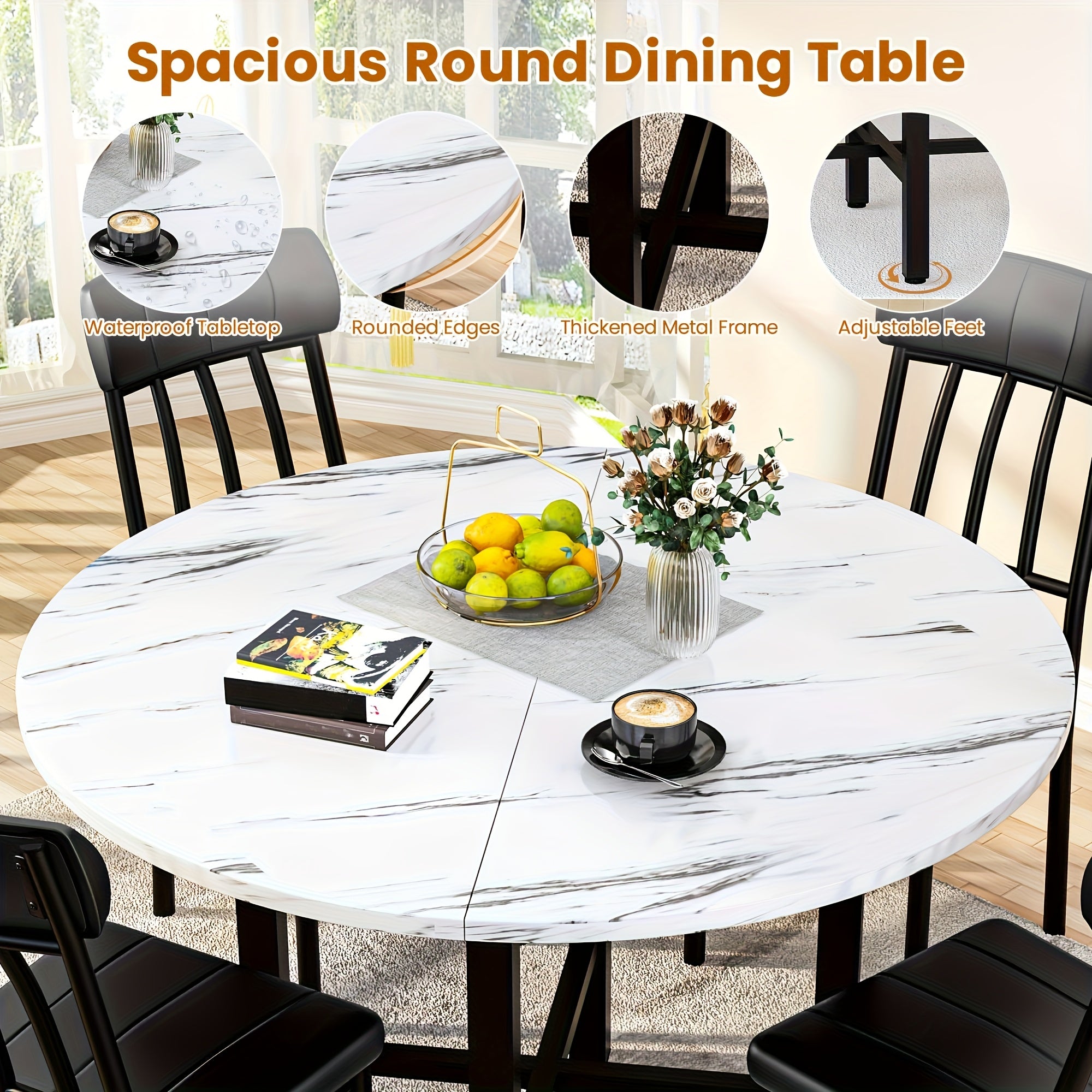 LAMERGE 5pcs Round Dining Table Set, Artificial Imitation Marble Pattern Round Dining Table With 4 Chairs, Metal Frame Structure, Modern Kitchen Table And Chair Set For 4 People, Round Dining Table And Chair Set For Small Space Home Furniture