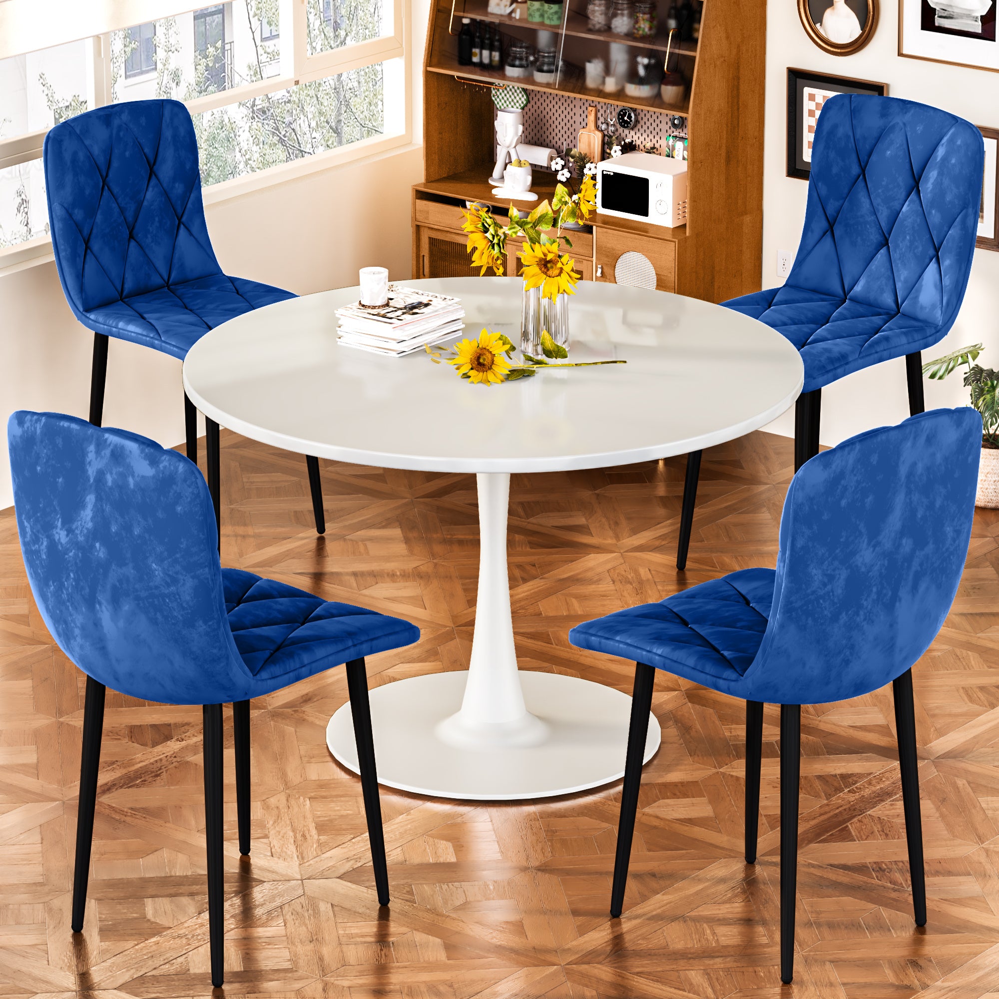 Round Dining Table Set for 4, 39 Inch Circle Dining Room Table with 4 Upholstered Chairs for 4 People, Mid Century Modern Round Kitchen Table and Chairs Set of 4 for Home Kitchen Dining Room Leisure Area (Brown Table + 4 Chairs)