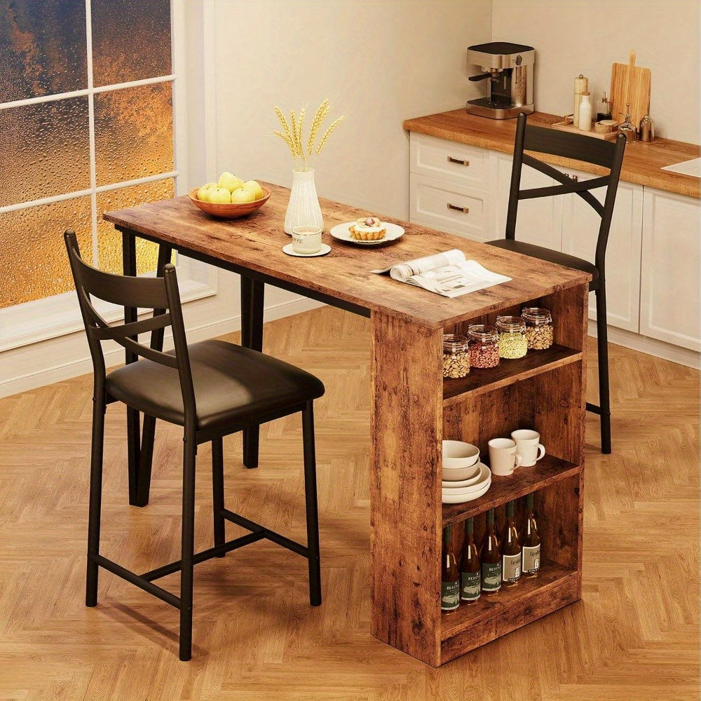Dining Table Set for 2, Kitchen Bar Table and Chairs for 2, Expandable Counter Height Bar Table Set with 3 Storage, Kitchen Table Set with 2 Upholstered Chairs, Rustic Brown