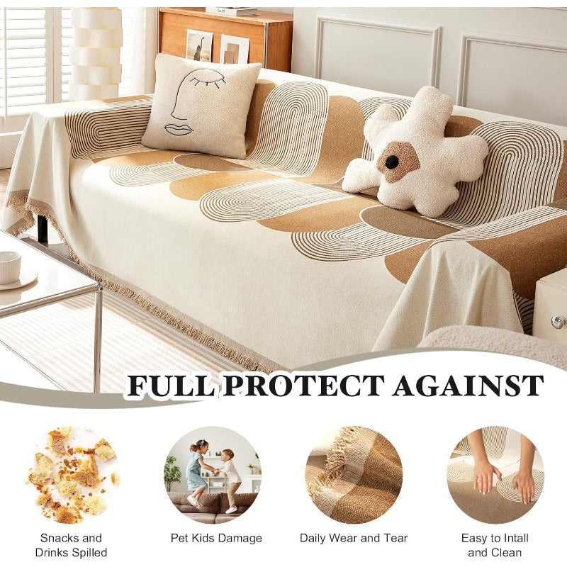 Boho Sofa Covers Reversible Chenille Sectional Couch Covers for 3 Cushion Couch Jacquard Dog Furniture Protector LShaped 71 x 118 2 Khaki Tassel