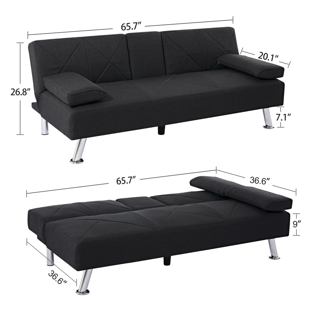 Modern Convertible Folding Futon Sofa Bed with Removable Armrests, Breathable Linen Sofa with 2 Cup Holders for Living Room
