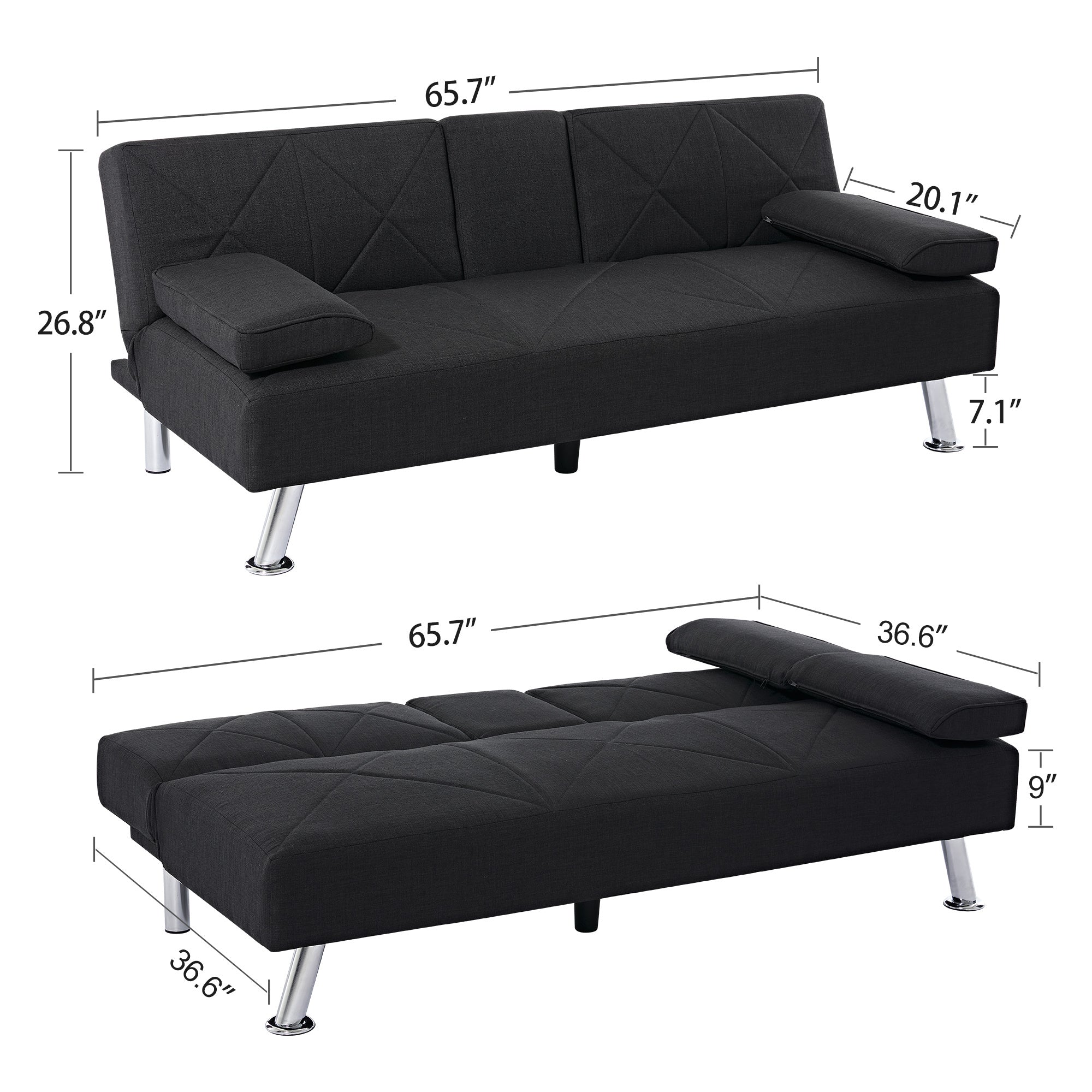 Modern Convertible Folding Futon Sofa Bed with Removable Armrests, Breathable Linen Sofa with 2 Cup Holders for Living Room
