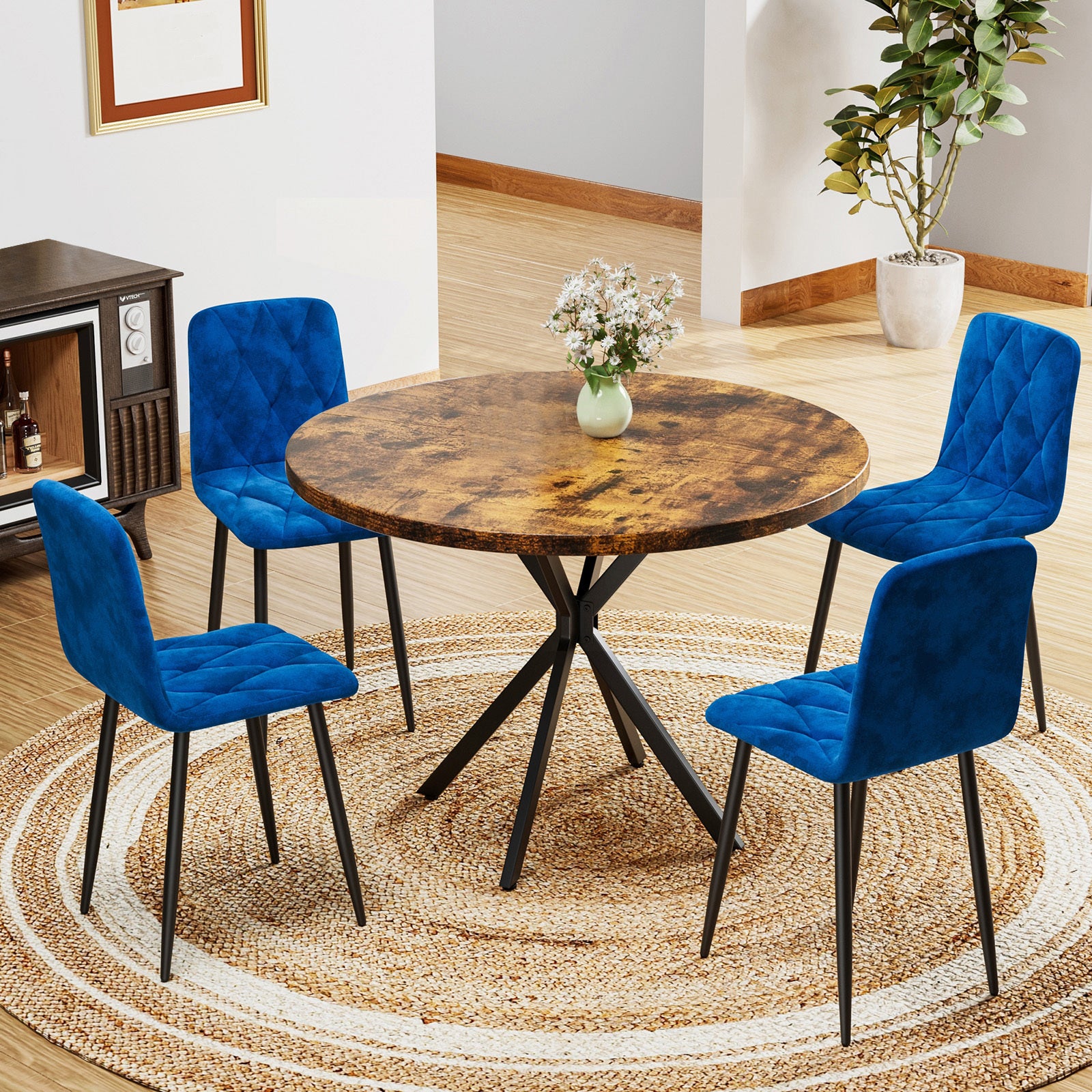 Round Dining Table Set for 4, 39 Inch Circle Dining Room Table with 4 Upholstered Chairs for 4 People, Mid Century Modern Round Kitchen Table and Chairs Set of 4 for Home Kitchen Dining Room Leisure Area (Brown Table + 4 Chairs)