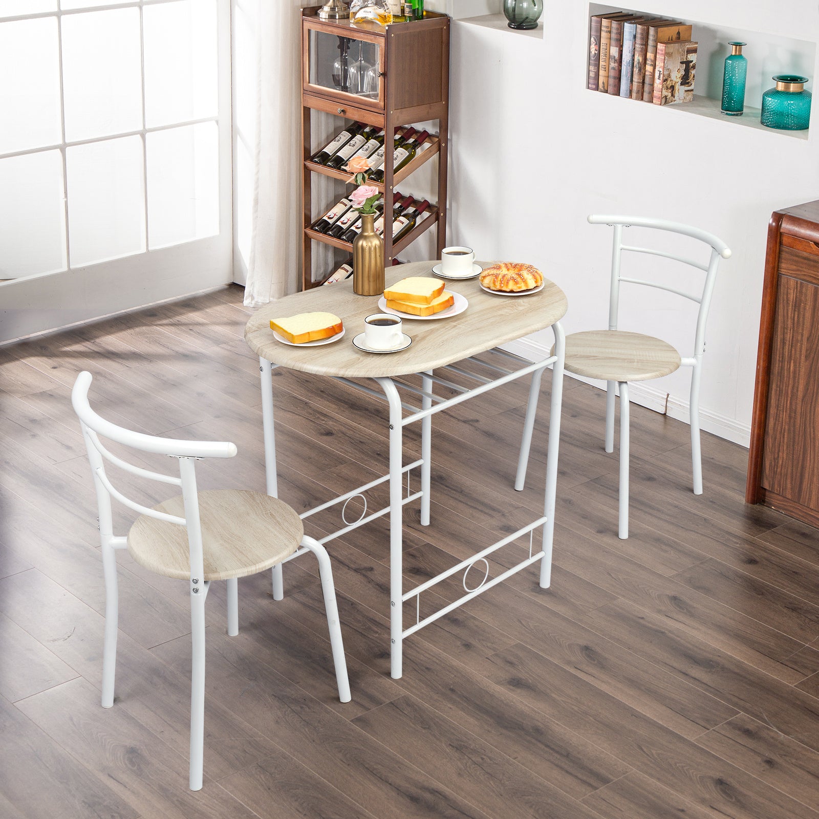 VINGLI 3 Piece Bistro Dining Set, Kitchen Compact Table Breakfast Table, Space-Saving Design Kitchen Wooden Table and 2 Chairs for Small Space\u002FDining Room\u002FApartment,Metal Frame,Wine Rack