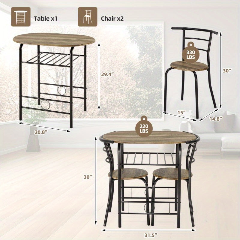 3pcs Dining Table Set, Small Dining Table for 2 with Chairs, Round Table and Chairs, Kitchenette for Small Spaces with Built-in Wine Rack, Space-Saving Design, Drift Brown