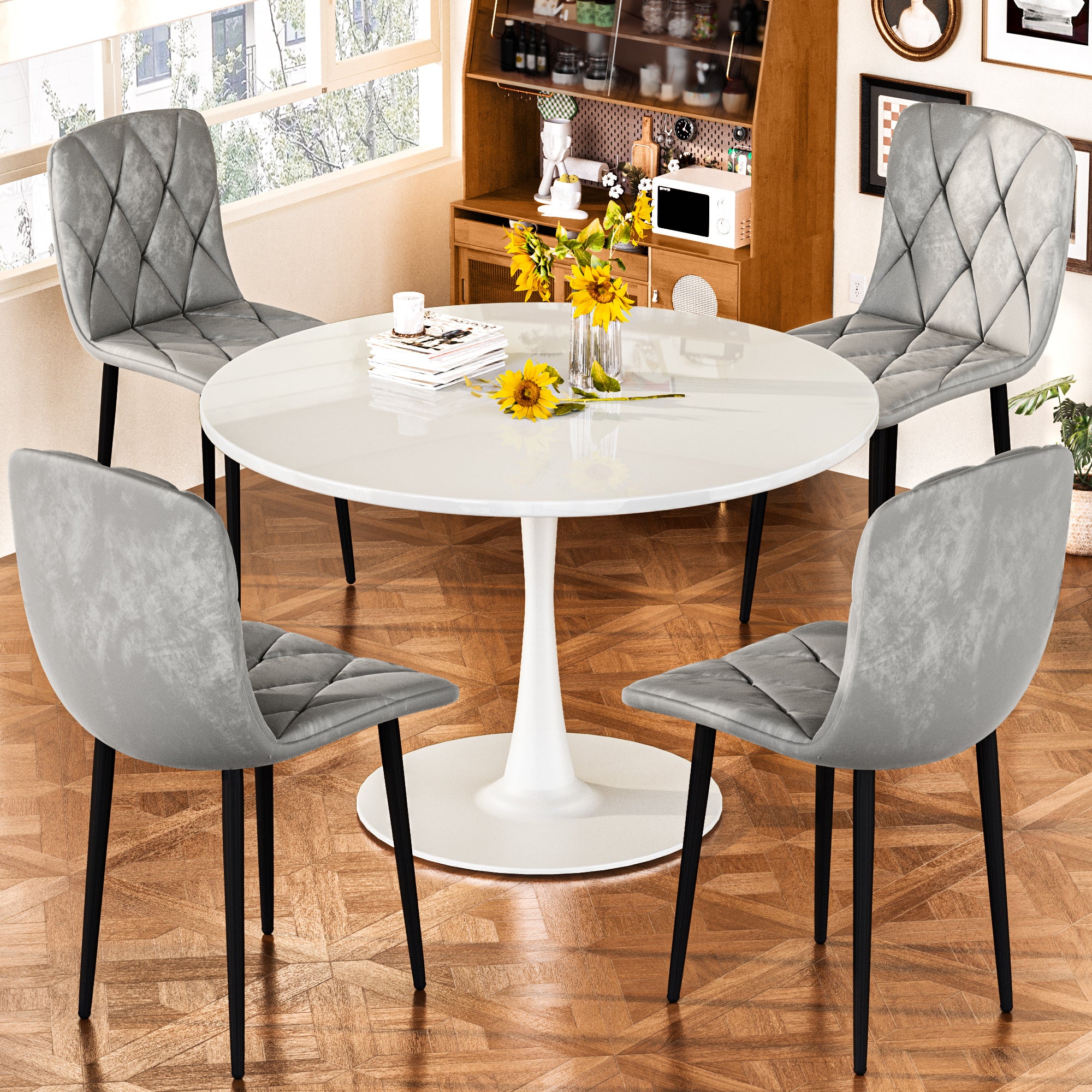 Round Dining Table Set for 4, 39 Inch Circle Dining Room Table with 4 Upholstered Chairs for 4 People, Mid Century Modern Round Kitchen Table and Chairs Set of 4 for Home Kitchen Dining Room Leisure Area (Brown Table + 4 Chairs)