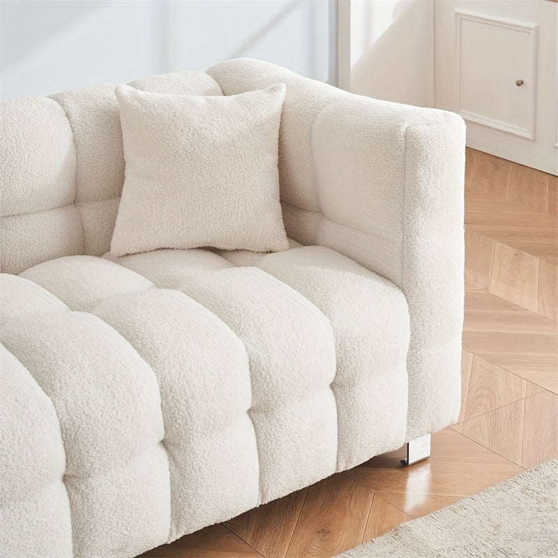 Modern White Plush Teddy Sofa - 80 Inches, Minimalist Design with Two Throw Pillows & Heavy-Duty Hardware Support, Perfect for Living Room or Bedroom, Available in 5 Colors, Comfy Couch