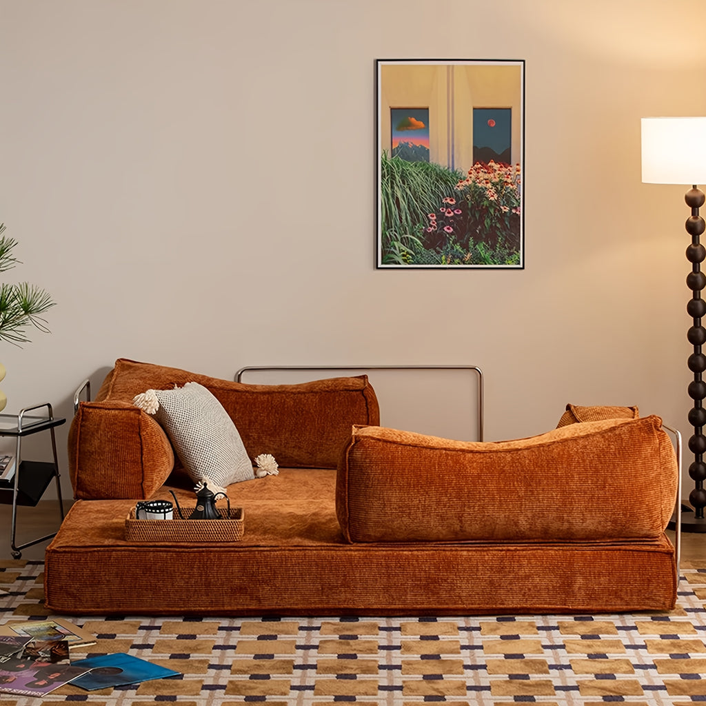 Collapsible Three-Seater Fabric Sofa Bed with Square Armrests, Modular Compressed Living Room Sofa Set, Retro Plush Chenille Casual Chair Sofa, Lazy Sofa, Bedroom Mattress Sleeping Couch, Light Gray, Caramel, Beige