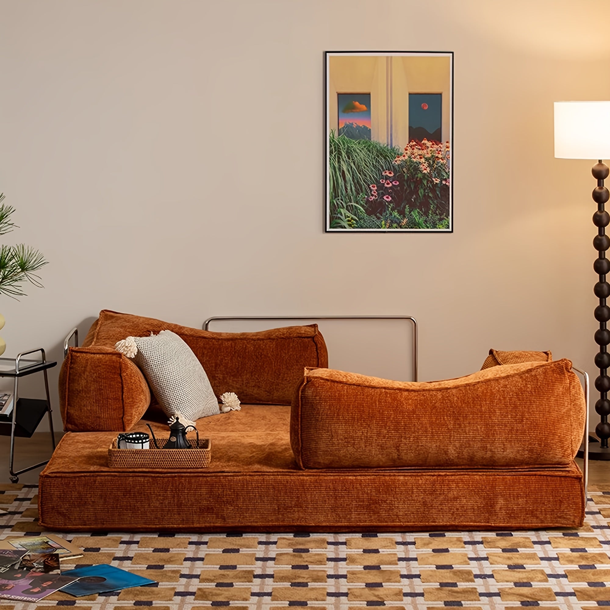 Collapsible Three-Seater Fabric Sofa Bed with Square Armrests, Modular Compressed Living Room Sofa Set, Retro Plush Chenille Casual Chair Sofa, Lazy Sofa, Bedroom Mattress Sleeping Couch, Light Gray, Caramel, Beige