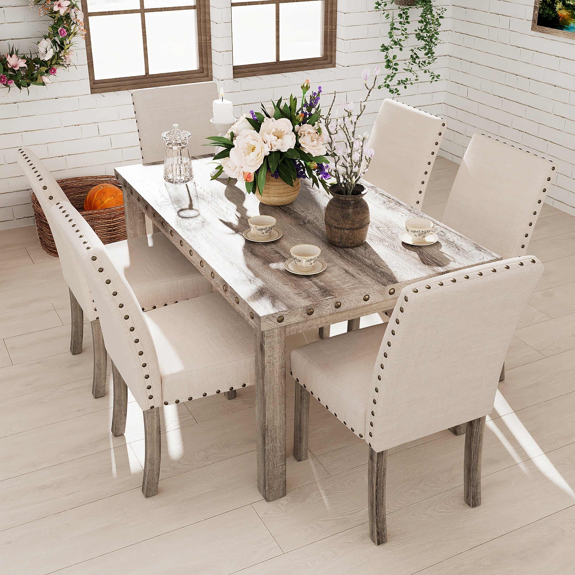 1 Set Morden Fort Farmhouse Dining Table and 4 Upholstered Chairs - Rustic Vintage Hardwood Kitchen Table Set for Family Meals, Memory Foam Cushioned Seating, No Electricity Needed