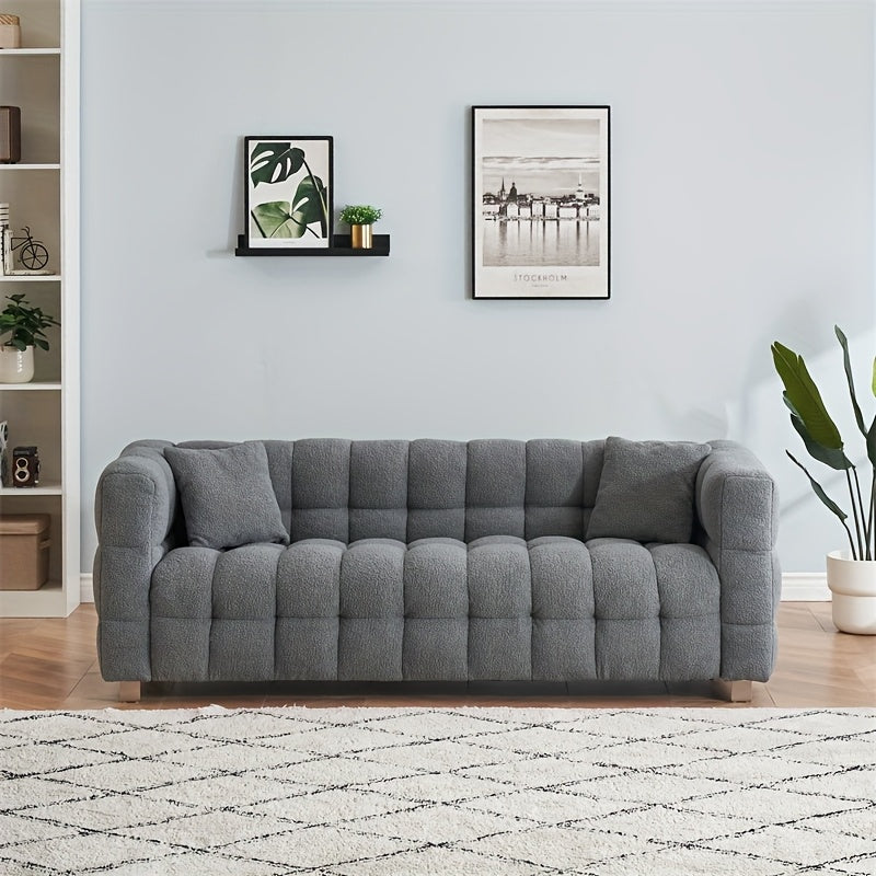 Modern White Plush Teddy Sofa - 80 Inches, Minimalist Design with Two Throw Pillows & Heavy-Duty Hardware Support, Perfect for Living Room or Bedroom, Available in 5 Colors, Comfy Couch