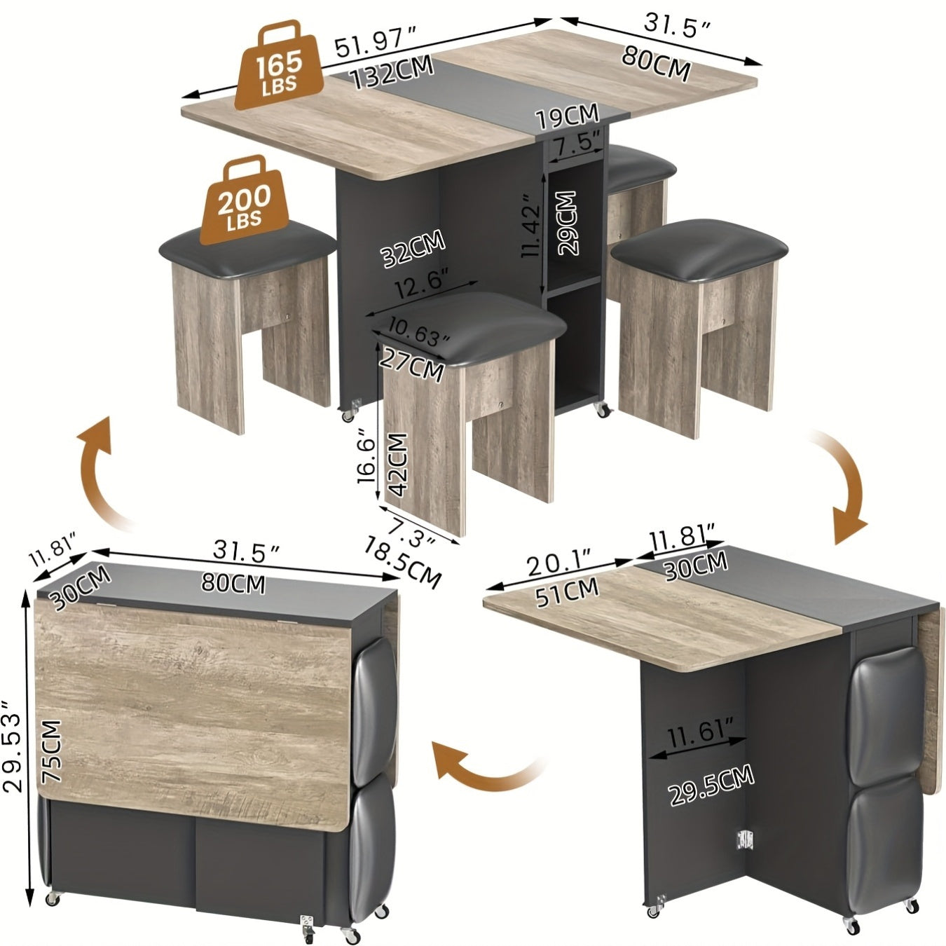 Dining Room Table And Chairs Set For 4, Modern 5pcs Dining Table Set With 2-Tier Storage Cabinet Foldable Dining Table & 4 Faux Leather Square Chairs, Space-Saving Kitchen Dining Table Set For Kitchen, Dining Room