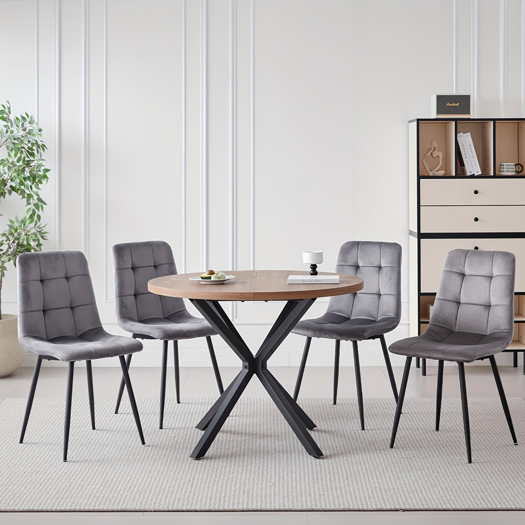 5pcs Round Dining Table Set for 4 - Mid-Century Modern Brown Dinner Table with 4 Chairs, Coffee Table & Chairs with Metal Legs Soft Cushion for Kitchen Dining Room, Apartment