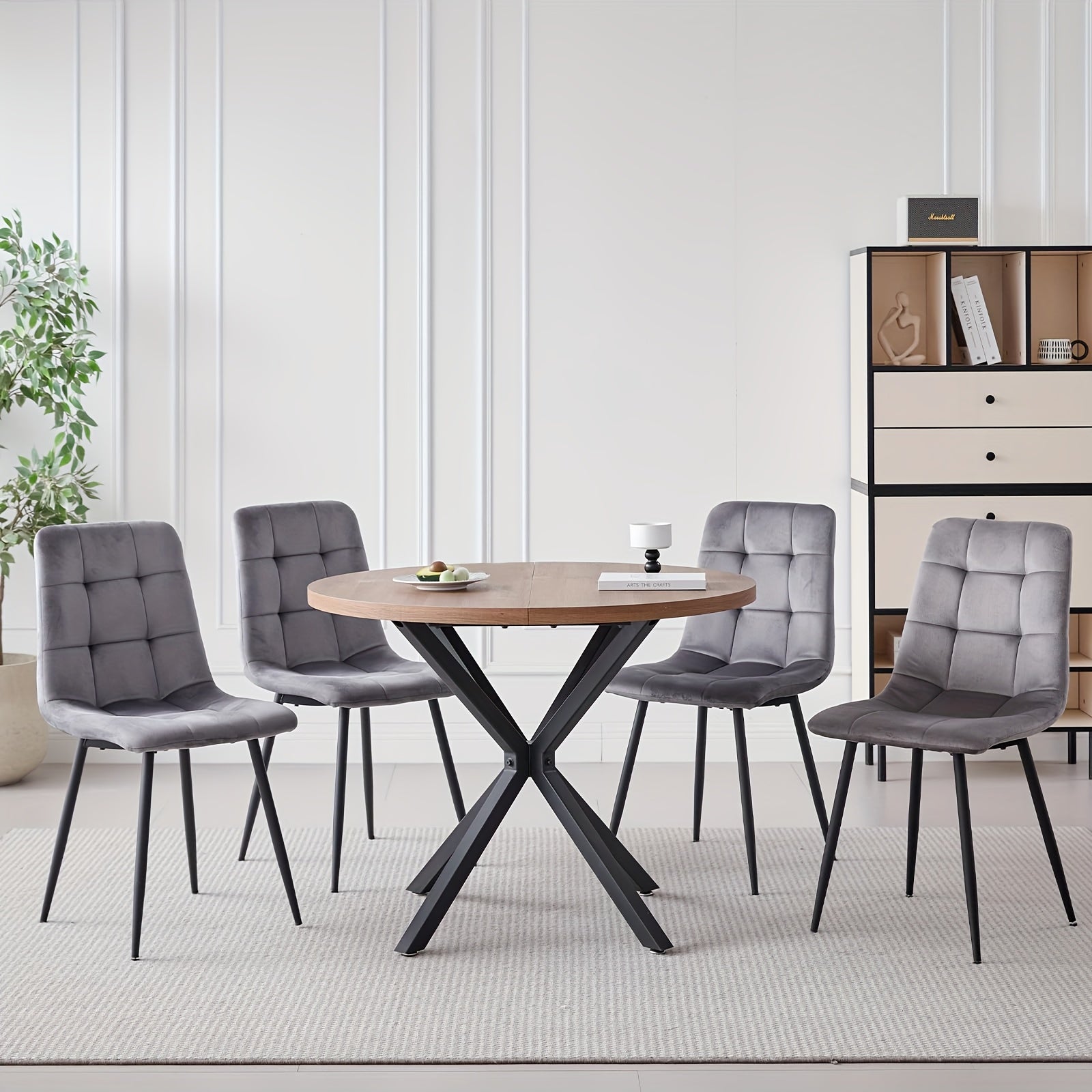 5pcs Round Dining Table Set for 4 - Mid-Century Modern Brown Dinner Table with 4 Chairs, Coffee Table & Chairs with Metal Legs Soft Cushion for Kitchen Dining Room, Apartment